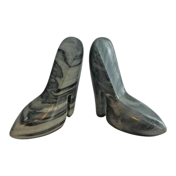 VTG Gray Banded Onyx High Heel Stiletto Bookends Pair Hand Carved Stone 6.25" - Picture 1 of 10